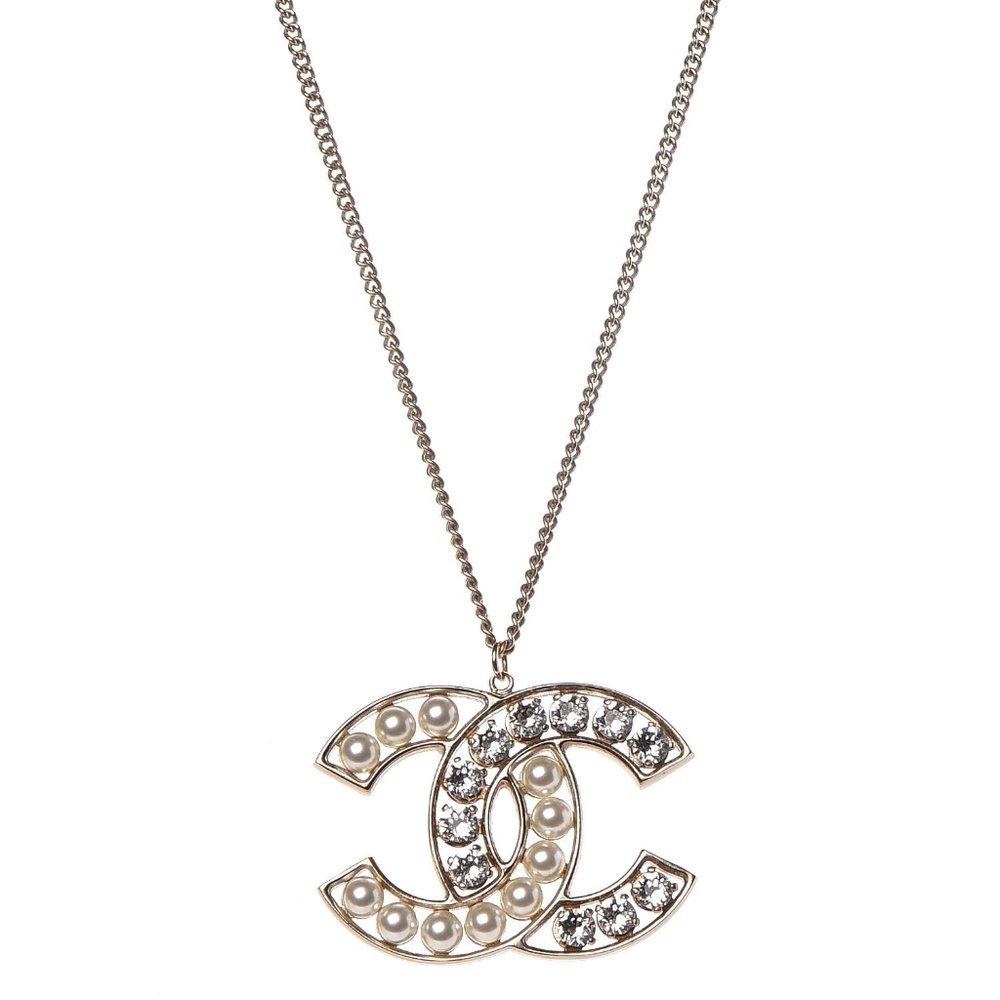 CHANEL crystal pearl CC pendant necklace